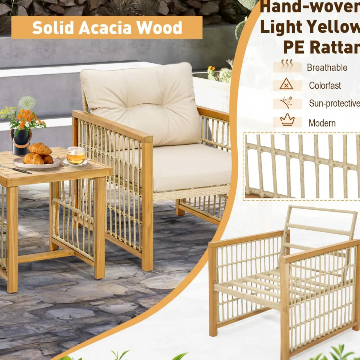 Tangkula 3 Pieces Acacia Wood Patio Furniture Set, PE Wicker Bistro Set with Cushioned Chairs and Coffee Table