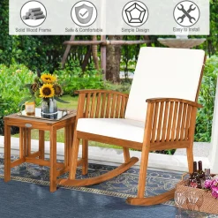 Tangkula 3 Pieces Acacia Wood Rocking Bistro Set, Rocker Chairs Conversation Set with Coffee Table and Cushions for Lawn, Balcony, Backyard