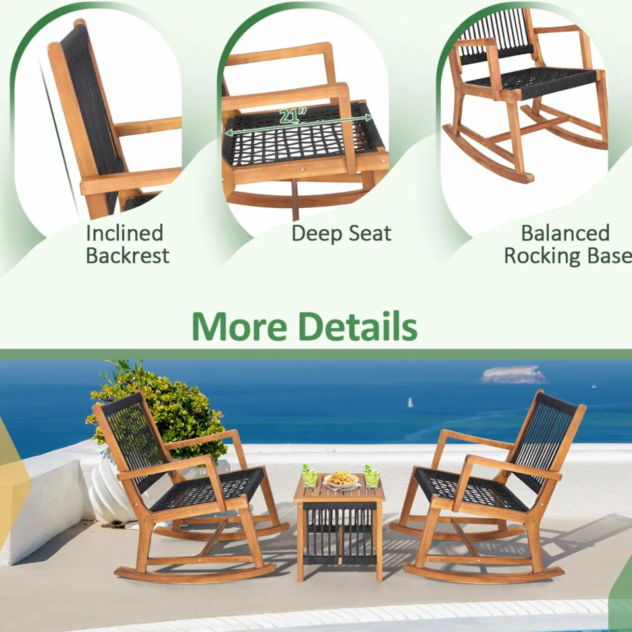Tangkula 3 Pieces Acacia Wood Rocking Bistro Set, All-Weather Rope Woven Patio Furniture Set with Coffee Table
