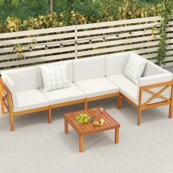 Tangkula 6 Pieces Acacia Wood Patio Furniture Set, Outdoor Sectional Conversation Set with Cushions and Coffee Table