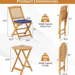 Tangkula 3 Pieces Acacia Wood Patio Folding Bistro Set, Outdoor Table and Chairs Set with Soft Cushions