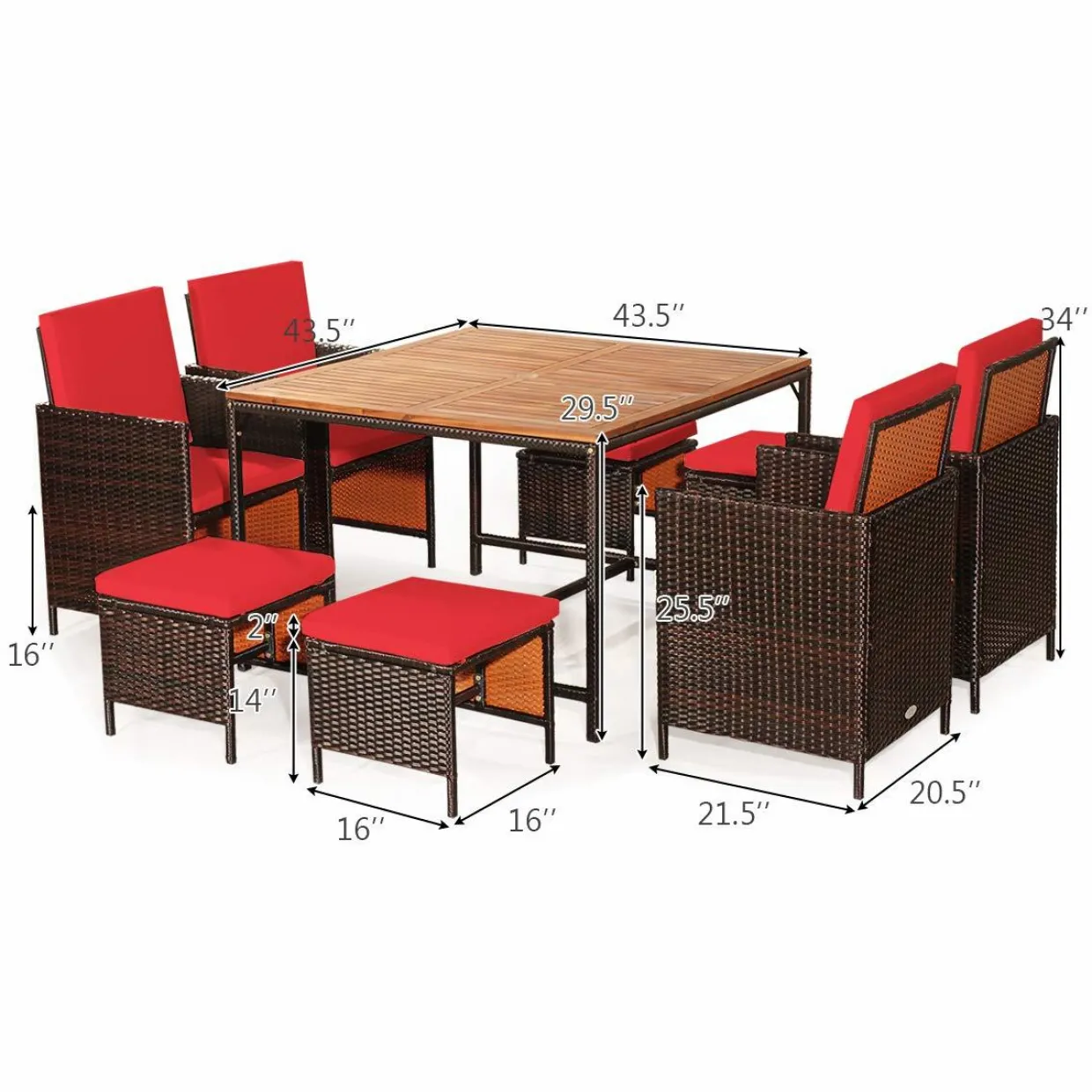 Tangkula 9 Pieces Acacia Wood Patio Dining Set, Space Saving Wicker Chairs and Wood Table with Umbrella Hole Outdoor Furniture Set