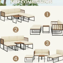 Tangkula 6 Pieces Acacia Wood Patio Furniture Set, Patiojoy Outdoor Sectional Conversation Sofa Set with Cushions