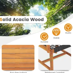 Tangkula 3 Pieces Acacia Wood Outdoor Furniture Set, All-Weather Rope Woven Bistro Set with Armchairs and Coffee Table