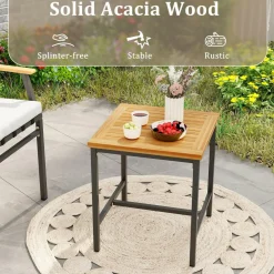 Tangkula 3 Pieces Acacia Wood Bistro Set, Patio Conversation Set with Cushions and Coffee Table