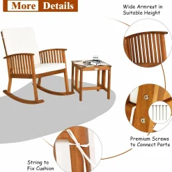 Tangkula 3 Pieces Acacia Wood Rocking Bistro Set, Rocker Chairs Conversation Set with Coffee Table and Cushions for Lawn, Balcony, Backyard