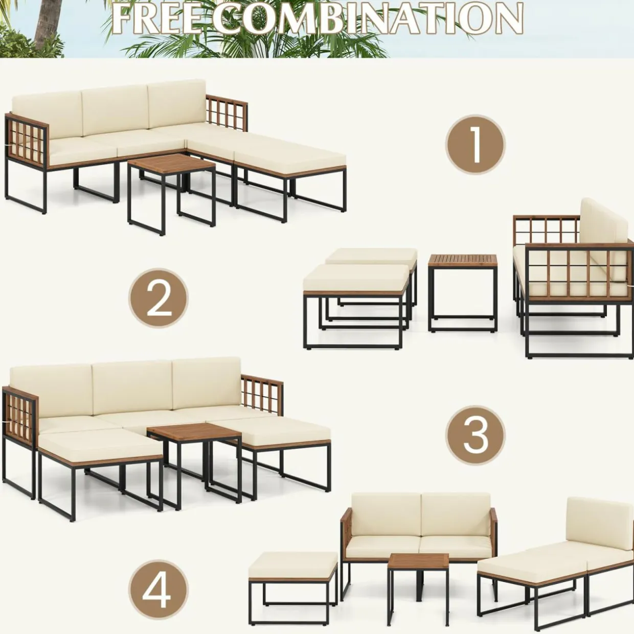 Tangkula 6 Pieces Acacia Wood Patio Furniture Set, Patiojoy Outdoor Sectional Conversation Sofa Set with Cushions