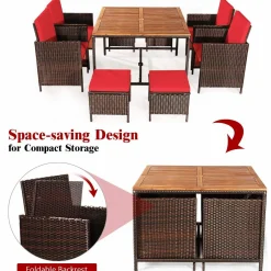 Tangkula 9 Pieces Acacia Wood Patio Dining Set, Space Saving Wicker Chairs and Wood Table with Umbrella Hole Outdoor Furniture Set