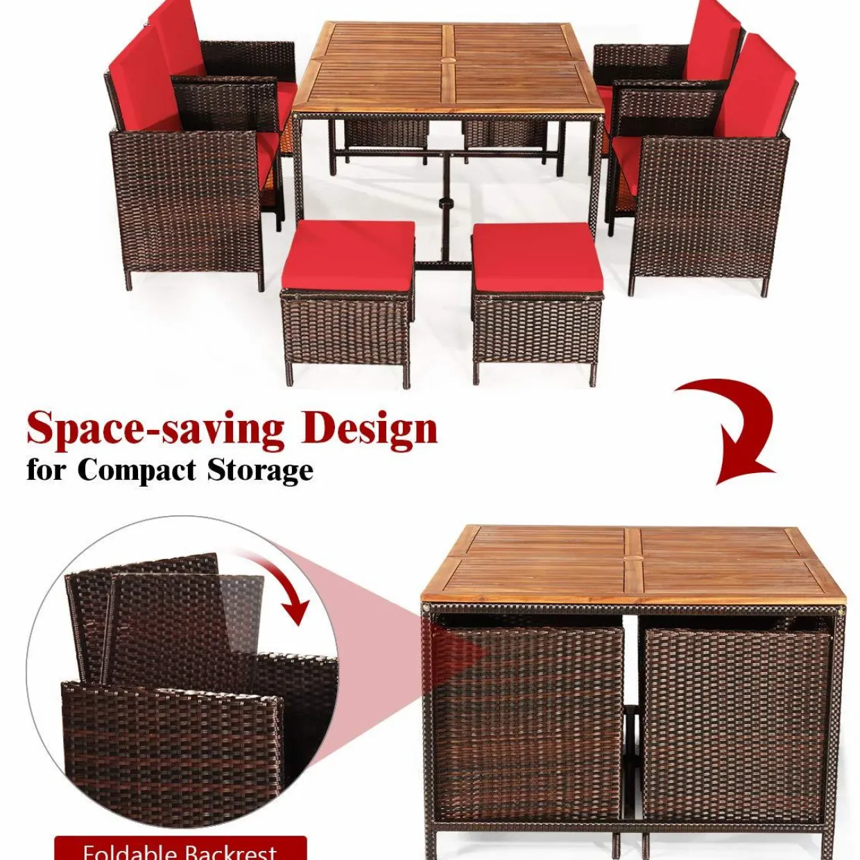 Tangkula 9 Pieces Acacia Wood Patio Dining Set, Space Saving Wicker Chairs and Wood Table with Umbrella Hole Outdoor Furniture Set