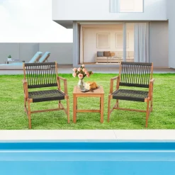 Tangkula 3 Pieces Acacia Wood Outdoor Furniture Set, All-Weather Rope Woven Bistro Set with Armchairs and Coffee Table