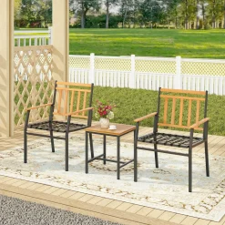 Tangkula 3 Pieces Acacia Wood Bistro Set, Patio Conversation Set with Cushions and Coffee Table
