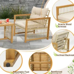 Tangkula 3 Pieces Acacia Wood Patio Furniture Set, PE Wicker Bistro Set with Cushioned Chairs and Coffee Table