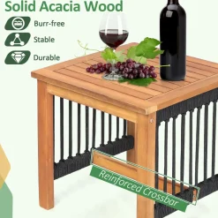 Tangkula 3 Pieces Acacia Wood Rocking Bistro Set, All-Weather Rope Woven Patio Furniture Set with Coffee Table