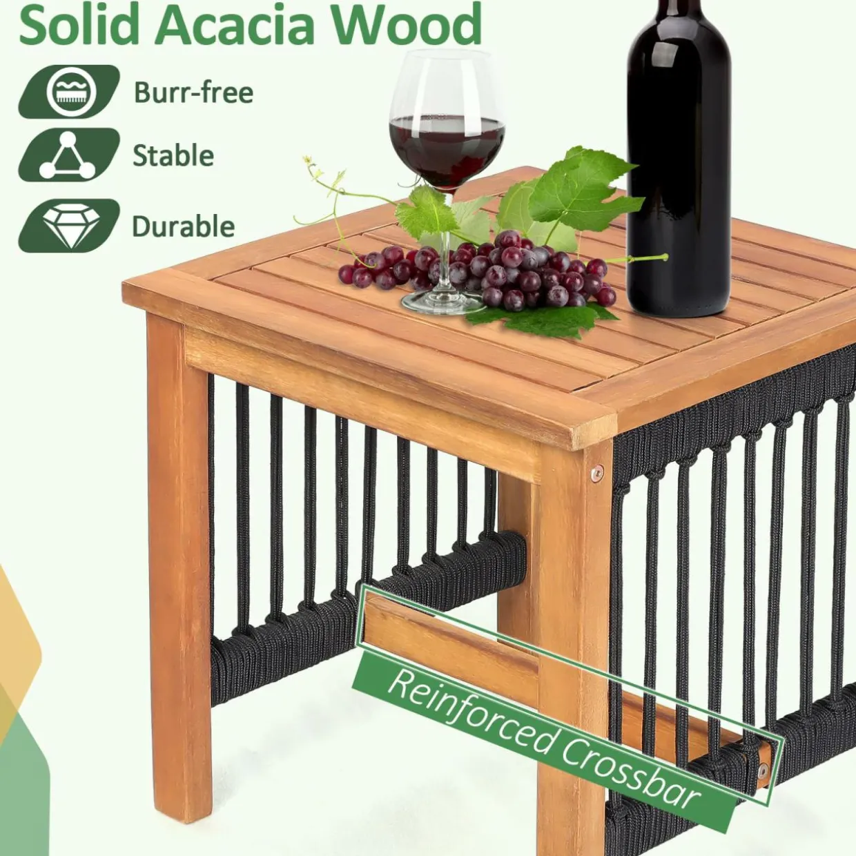 Tangkula 3 Pieces Acacia Wood Rocking Bistro Set, All-Weather Rope Woven Patio Furniture Set with Coffee Table