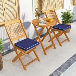 Tangkula 3 Pieces Acacia Wood Patio Folding Bistro Set, Outdoor Table and Chairs Set with Soft Cushions