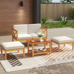 Tangkula 5 Pieces Acacia Wood Patio Chaise Lounge Chair Set with Ottomans and Cushions