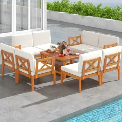 Tangkula 5/10 Pieces Acacia Wood Patio Furniture Set, Outdoor Sectional Conversation Set with Cushions