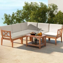 Tangkula 6 Pieces Acacia Wood Patio Furniture Set, Outdoor Sectional Conversation Set with Cushions and 2-Tier Coffee Table