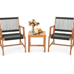 Tangkula 3 Pieces Acacia Wood Outdoor Furniture Set, All-Weather Rope Woven Bistro Set with Armchairs and Coffee Table