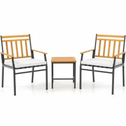 Tangkula 3 Pieces Acacia Wood Bistro Set, Patio Conversation Set with Cushions and Coffee Table