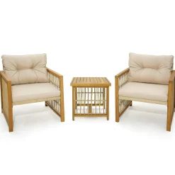 Tangkula 3 Pieces Acacia Wood Patio Furniture Set, PE Wicker Bistro Set with Cushioned Chairs and Coffee Table