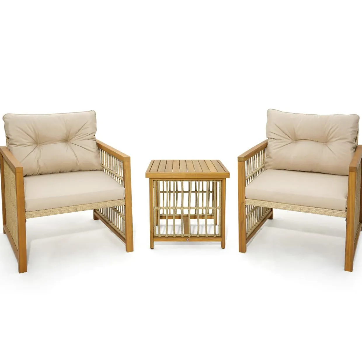 Tangkula 3 Pieces Acacia Wood Patio Furniture Set, PE Wicker Bistro Set with Cushioned Chairs and Coffee Table