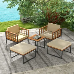 Tangkula 5 Pieces Acacia Wood Patio Furniture Set with Ottomans, Outdoor Conversation Set