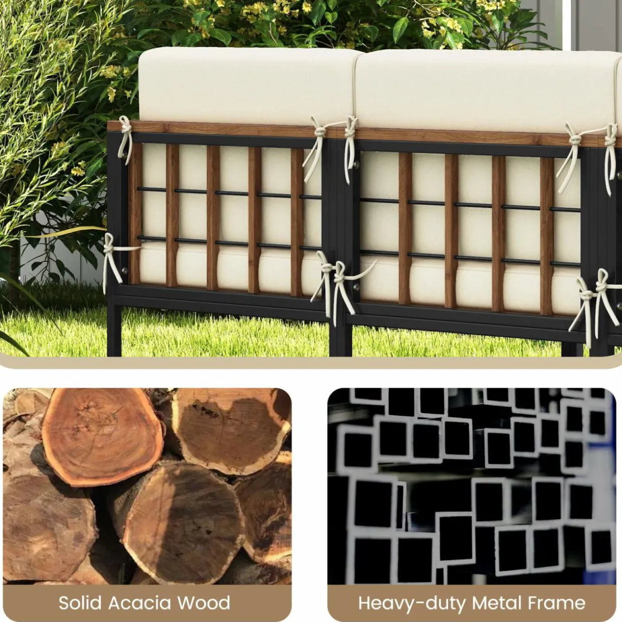 Tangkula 6 Pieces Acacia Wood Patio Furniture Set, Patiojoy Outdoor Sectional Conversation Sofa Set with Cushions