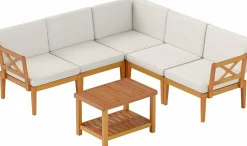 Tangkula 6 Pieces Acacia Wood Patio Furniture Set, Outdoor Sectional Conversation Set with Cushions and 2-Tier Coffee Table