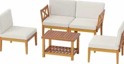 Tangkula 5/10 Pieces Acacia Wood Patio Furniture Set, Outdoor Sectional Conversation Set with Cushions