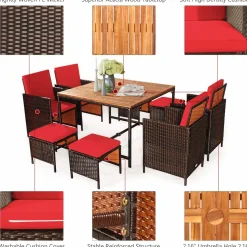 Tangkula 9 Pieces Acacia Wood Patio Dining Set, Space Saving Wicker Chairs and Wood Table with Umbrella Hole Outdoor Furniture Set
