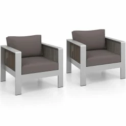 Tangkula 2 Pieces Aluminum Single Sofa, Outdoor Patio Furniture Set with Thick Back & Seat Cushions (Gray)
