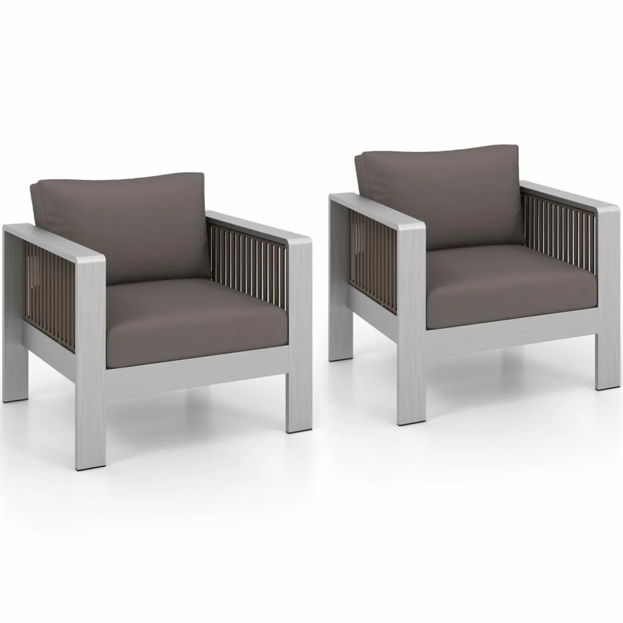 Tangkula 2 Pieces Aluminum Single Sofa, Outdoor Patio Furniture Set with Thick Back & Seat Cushions (Gray)