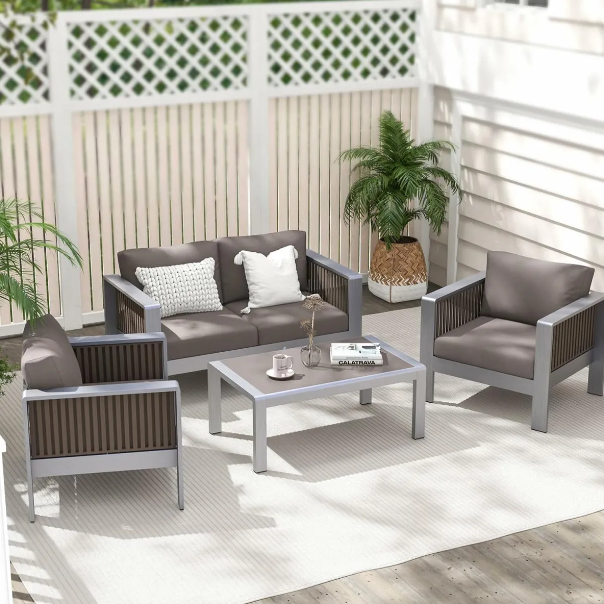 Tangkula 2 Pieces Aluminum Single Sofa, Outdoor Patio Furniture Set with Thick Back & Seat Cushions (Gray)