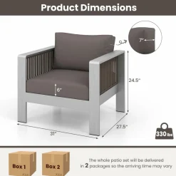 Tangkula 2 Pieces Aluminum Single Sofa, Outdoor Patio Furniture Set with Thick Back & Seat Cushions (Gray)