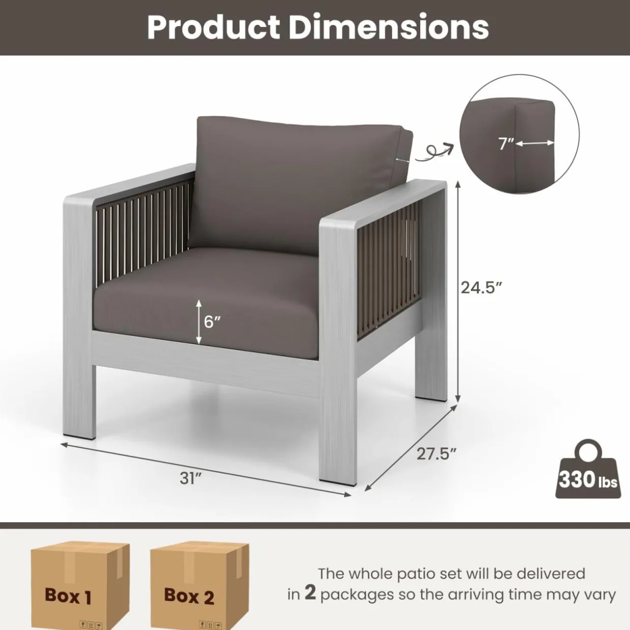 Tangkula 2 Pieces Aluminum Single Sofa, Outdoor Patio Furniture Set with Thick Back & Seat Cushions (Gray)