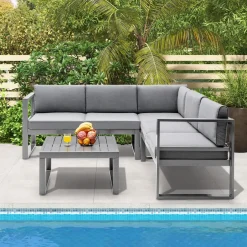 Tangkula 4 Pieces Aluminum Patio Furniture Set, Patiojoy All Weather Heavy Duty Cushioned Outdoor L Shaped Sofa Set