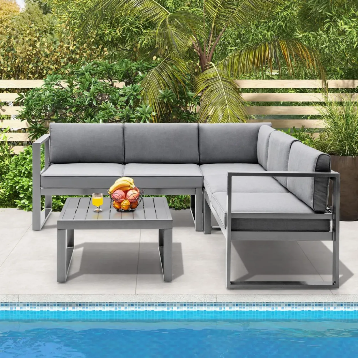 Tangkula 4 Pieces Aluminum Patio Furniture Set, Patiojoy All Weather Heavy Duty Cushioned Outdoor L Shaped Sofa Set