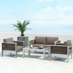 Tangkula 4 Pieces Aluminum Patio Furniture Set, Modern Outdoor Sectional Sofa Set (Gray)