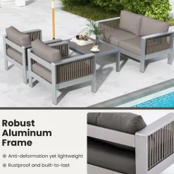 Tangkula 2 Pieces Aluminum Single Sofa, Outdoor Patio Furniture Set with Thick Back & Seat Cushions (Gray)