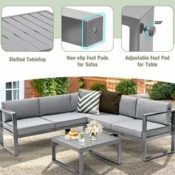 Tangkula 4 Pieces Aluminum Patio Furniture Set, Patiojoy All Weather Heavy Duty Cushioned Outdoor L Shaped Sofa Set