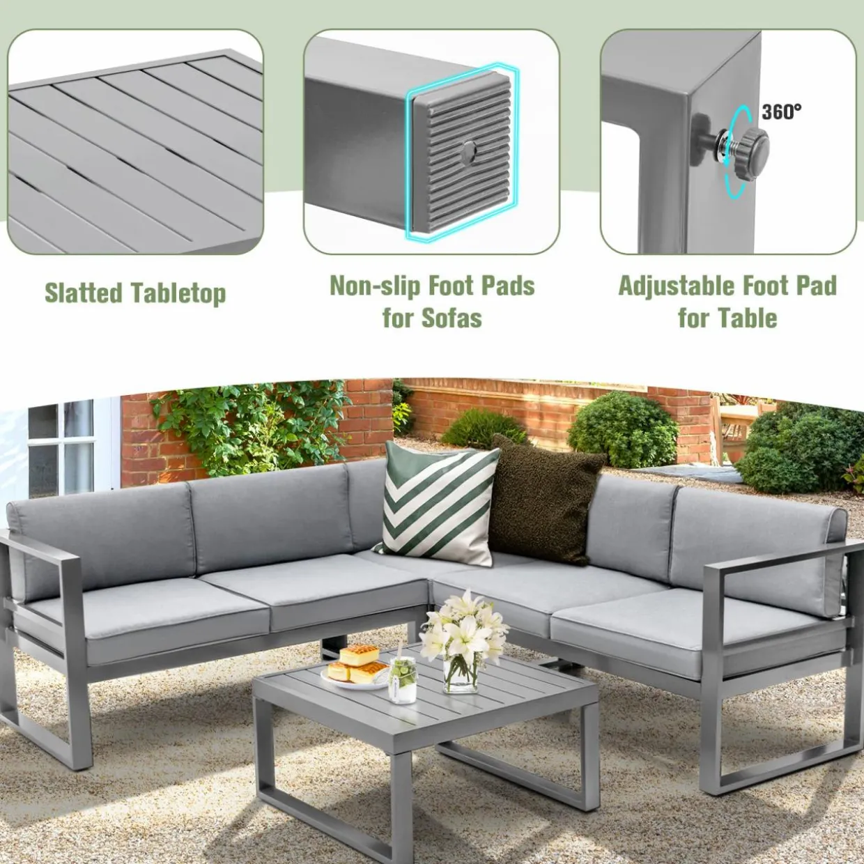 Tangkula 4 Pieces Aluminum Patio Furniture Set, Patiojoy All Weather Heavy Duty Cushioned Outdoor L Shaped Sofa Set