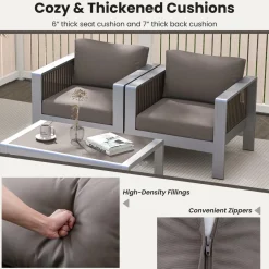Tangkula 2 Pieces Aluminum Single Sofa, Outdoor Patio Furniture Set with Thick Back & Seat Cushions (Gray)