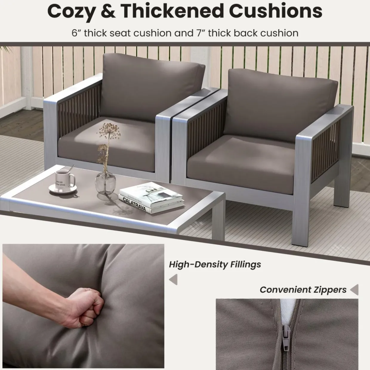 Tangkula 2 Pieces Aluminum Single Sofa, Outdoor Patio Furniture Set with Thick Back & Seat Cushions (Gray)
