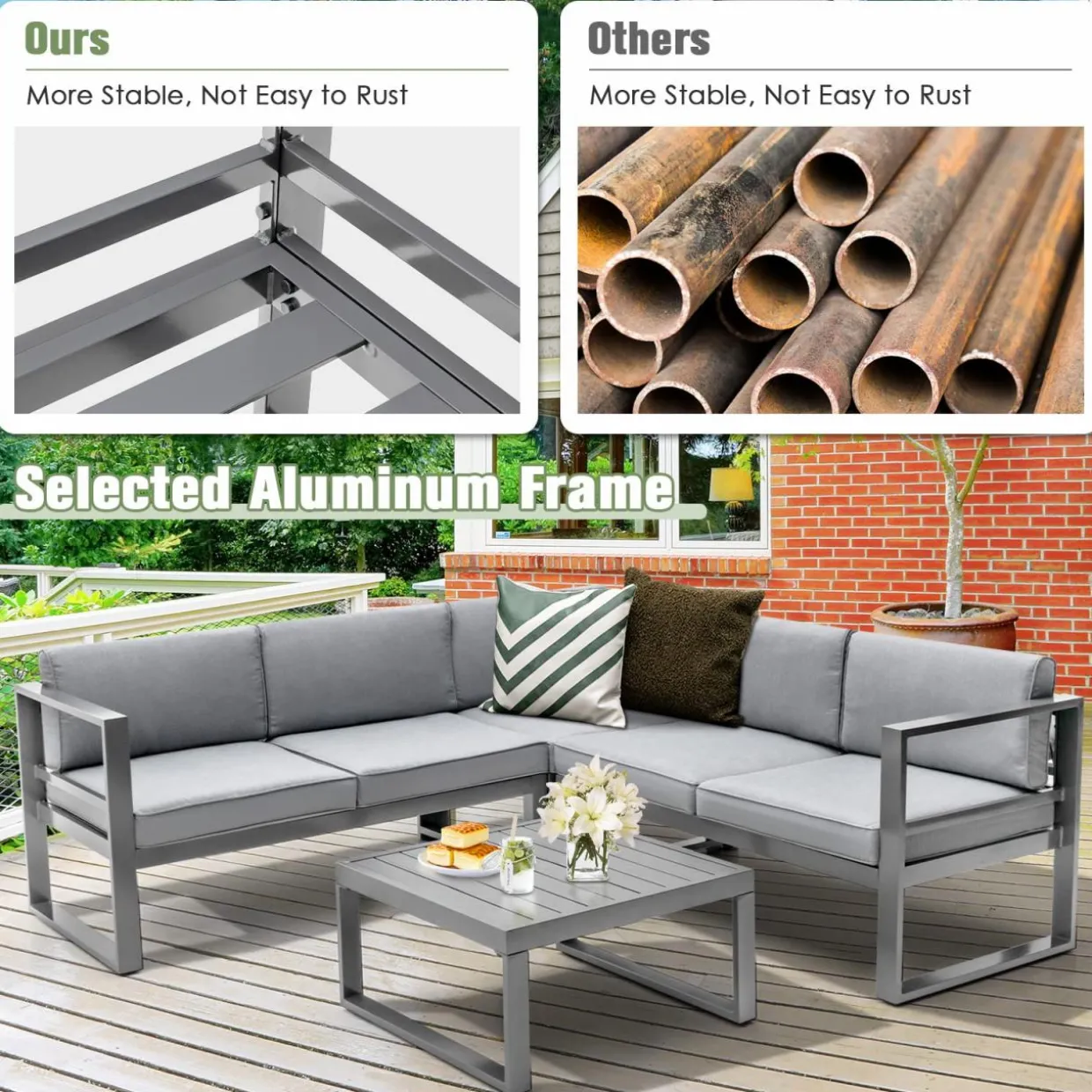 Tangkula 4 Pieces Aluminum Patio Furniture Set, Patiojoy All Weather Heavy Duty Cushioned Outdoor L Shaped Sofa Set
