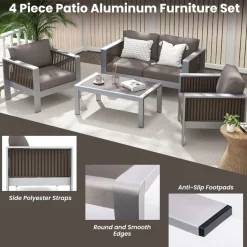 Tangkula 4 Pieces Aluminum Patio Furniture Set, Modern Outdoor Sectional Sofa Set (Gray)