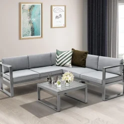 Tangkula 4 Pieces Aluminum Patio Furniture Set, Patiojoy All Weather Heavy Duty Cushioned Outdoor L Shaped Sofa Set