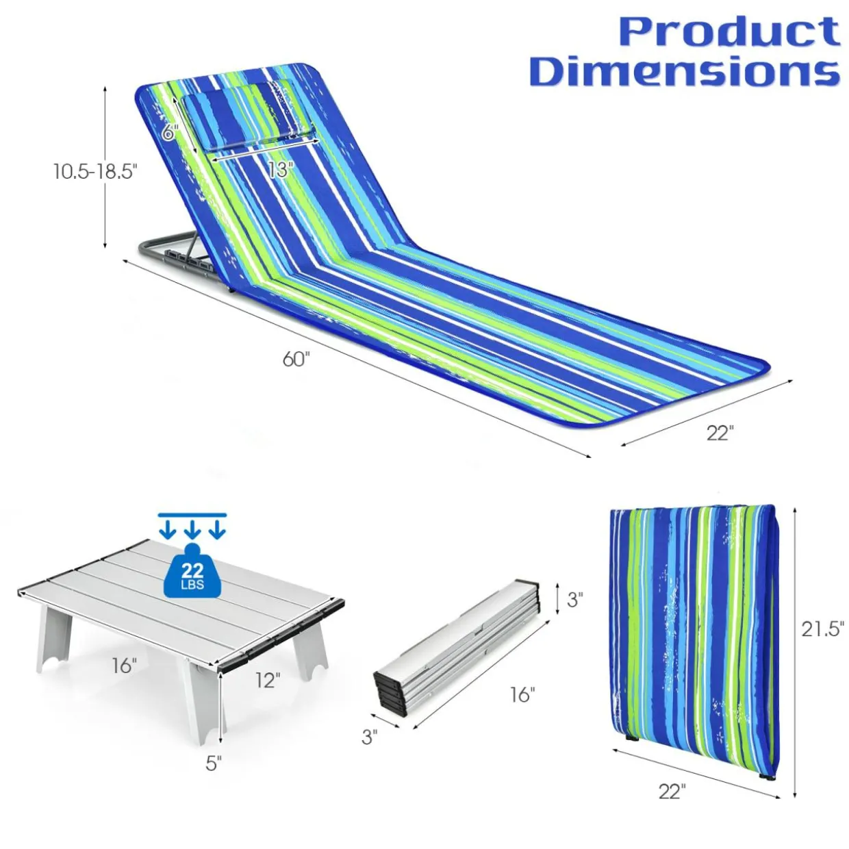 Tangkula 3 Pieces Beach Chairs for Adults, Backpack 2 Pack Beach Chairs Set with Folding Side Table