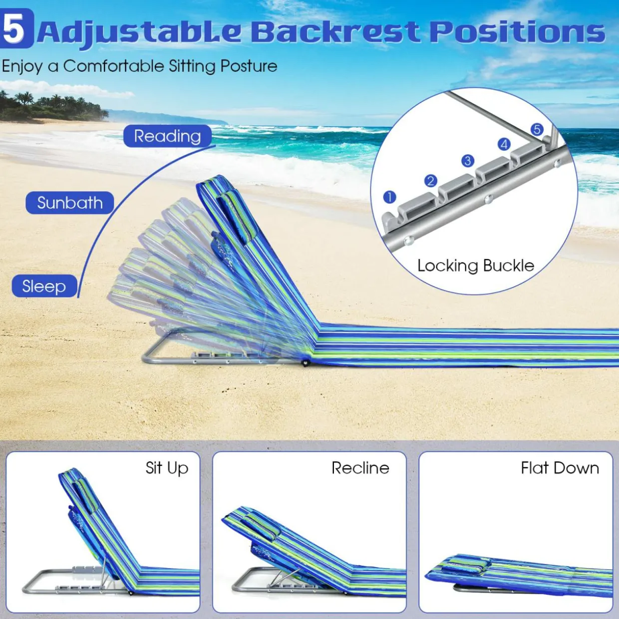 Tangkula 3 Pieces Beach Chairs for Adults, Backpack 2 Pack Beach Chairs Set with Folding Side Table