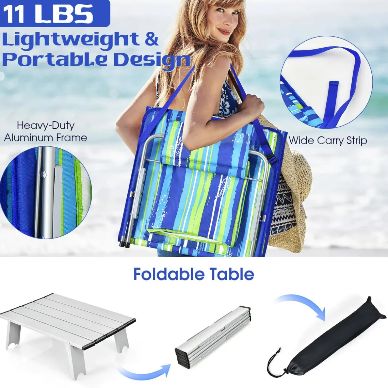 Tangkula 3 Pieces Beach Chairs for Adults, Backpack 2 Pack Beach Chairs Set with Folding Side Table